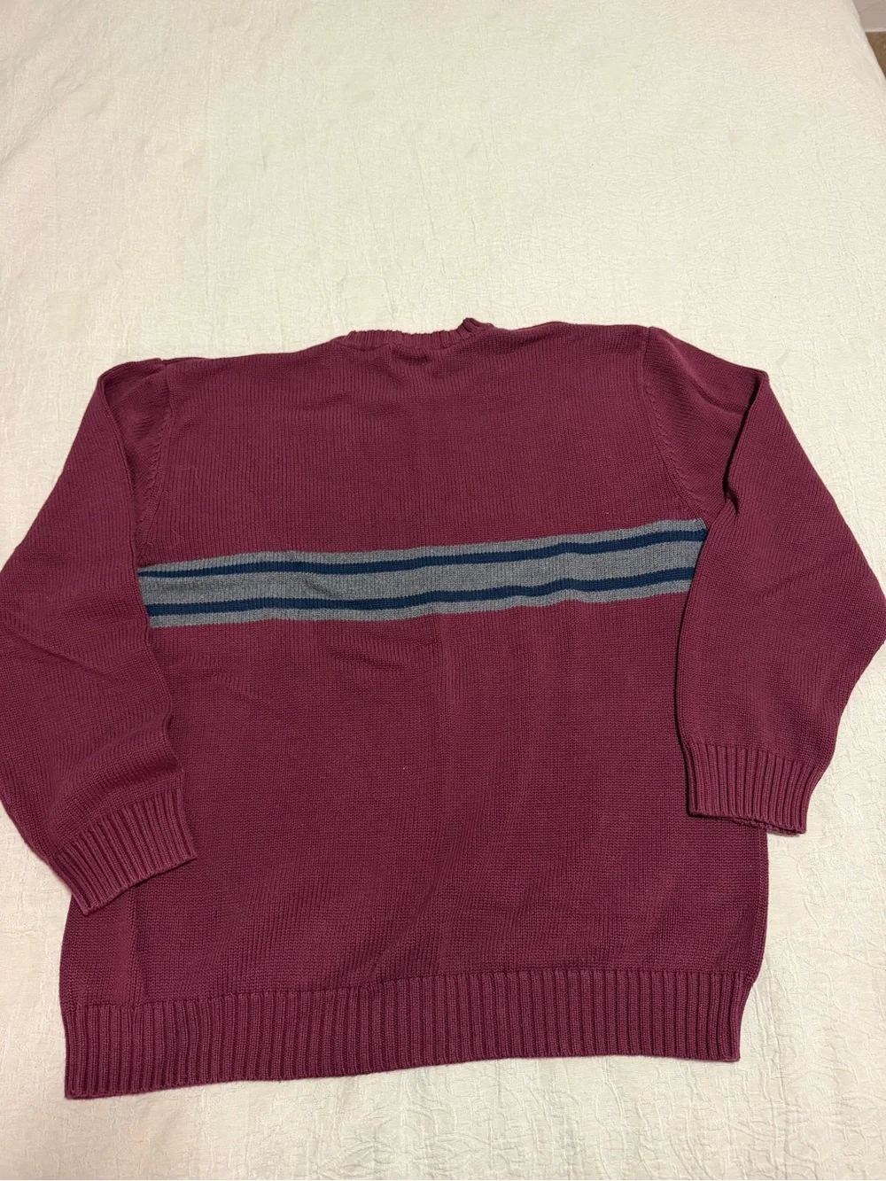 Cherokee Burgundy Crewneck Sweater with Gray and Navy Stripes